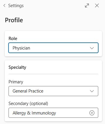 Dragon Copilot - screenshot showing roles and specialties Dragon Copilot - screenshot showing roles and specialties